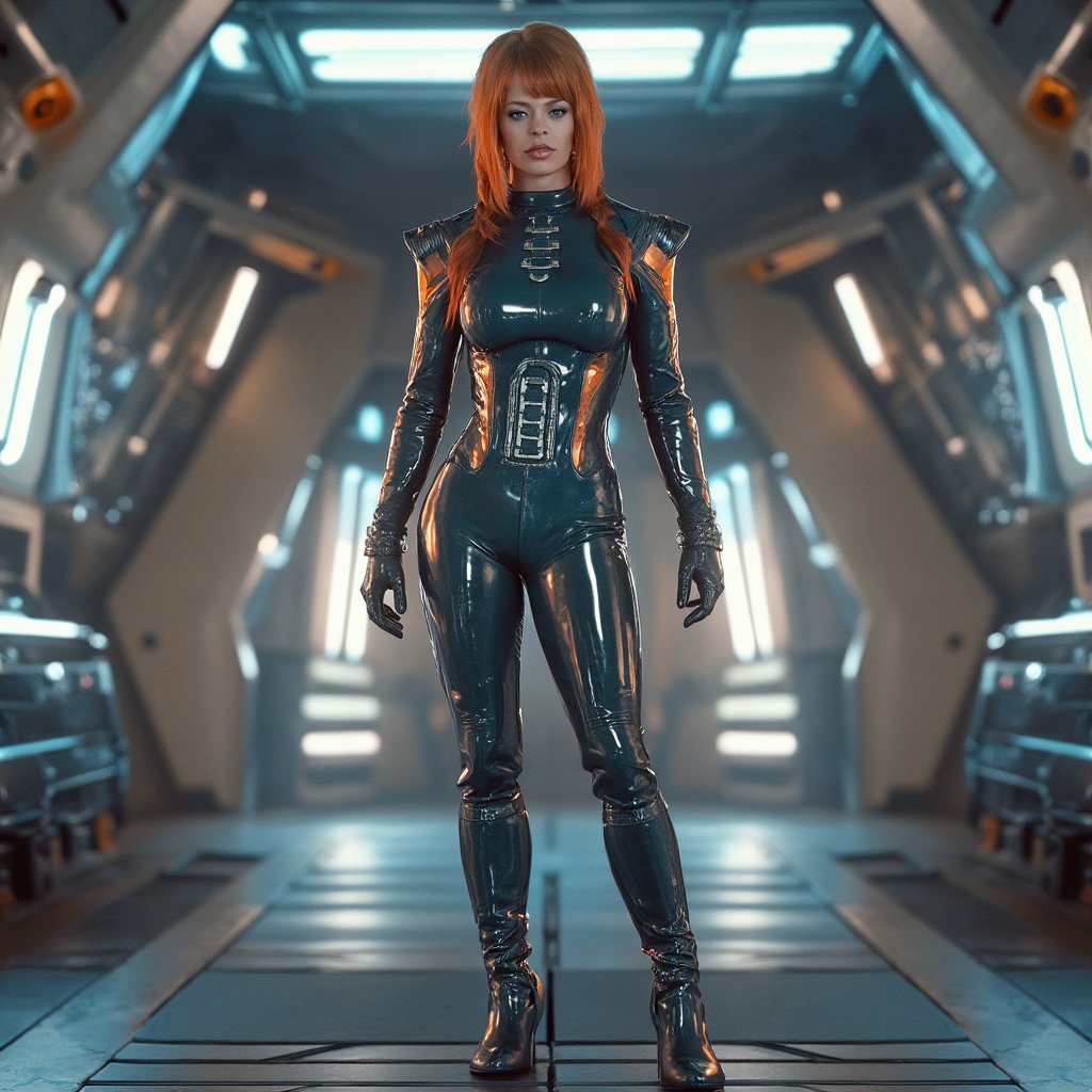 jrryn, cinematic, dramatic lighting, front facing view,  full body shot, a beautiful woman wearing a  space cadet dress suit uniform, wearing military boots,  a very formal futuristic space jacket,  red hair in a braid, possing in a very confident way in a space port in space station, ultra detailed, ultra realistic, ultra detailed colors, 8k, real photography <lora:jeri-ryan:1.2>