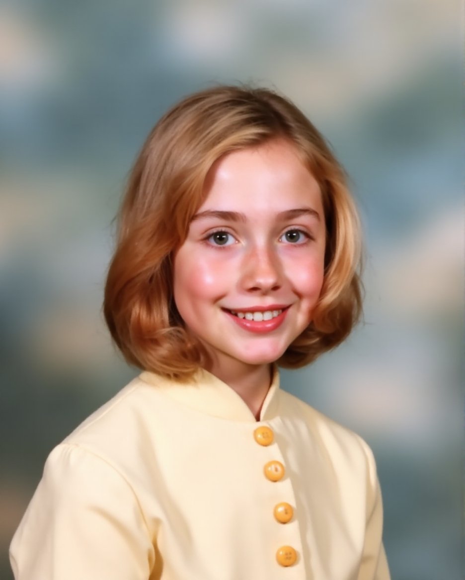 This  photograph features a young girl with a warm, gentle expression. She has shoulder-length, wavy blonde hair that frames her face softly. Her eyes are wide and bright, and she has a slight smile on her lips, revealing her teeth. She is wearing a light-colored, high-collared dress with a pattern of small, round buttons down the front. The dress appears to be made of a smooth fabric, possibly cotton or a similar lightweight material. The background is blurred and out of focus, creating a soft, seamless backdrop that contrasts with the sharpness of the girl's face and dress. The lighting is even, highlighting her features and the details of her clothing. The overall mood of the photograph is nostalgic and serene, capturing a moment of innocence and simplicity. The texture of the dress and hair suggest a Late-20th century style, likely taken during the 1970s or early 1980s. The photograph has a classic, timeless quality, emphasizing the girl's natural beauty and the simplicity of the moment.,Hillary_Clinton, <lora:Hillary_Clinton_Flux_V1:1>