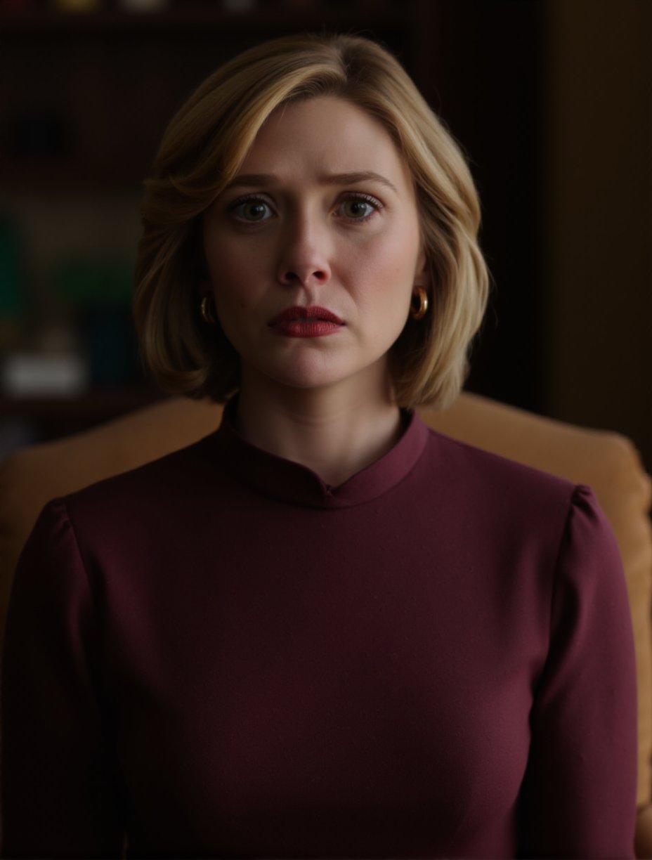 The image is a photograph featuring a woman with a serious, contemplative expression. She has fair skin, short, wavy blonde hair that frames her face, and is wearing a deep red lipstick. Her eyes are wide open, with a hint of sadness or concern. She is dressed in a long-sleeved blouse with a high collar, made of a rich, dark red fabric with a subtle, intricate pattern of small, repeating shapes in a lighter shade of red. She accessorizes with gold hoop earrings, adding a touch of elegance to her otherwise simple attire.The background is out of focus, but it appears to be a dimly lit, indoor setting with warm, muted tones, possibly a living room or study. The lighting is soft and natural, casting gentle shadows that enhance the woman's features and the texture of her clothing. The overall mood of the photograph is somber and introspective, suggesting a moment of quiet reflection or perhaps a serious conversation. The image captures a moment of intense emotion, with the woman's expression and the subtle details of her clothing and accessories contributing to the overall dramatic effect..Elizabeth Olsen, <lora:Elizabeth Olsen_Flux_V1:0.9>