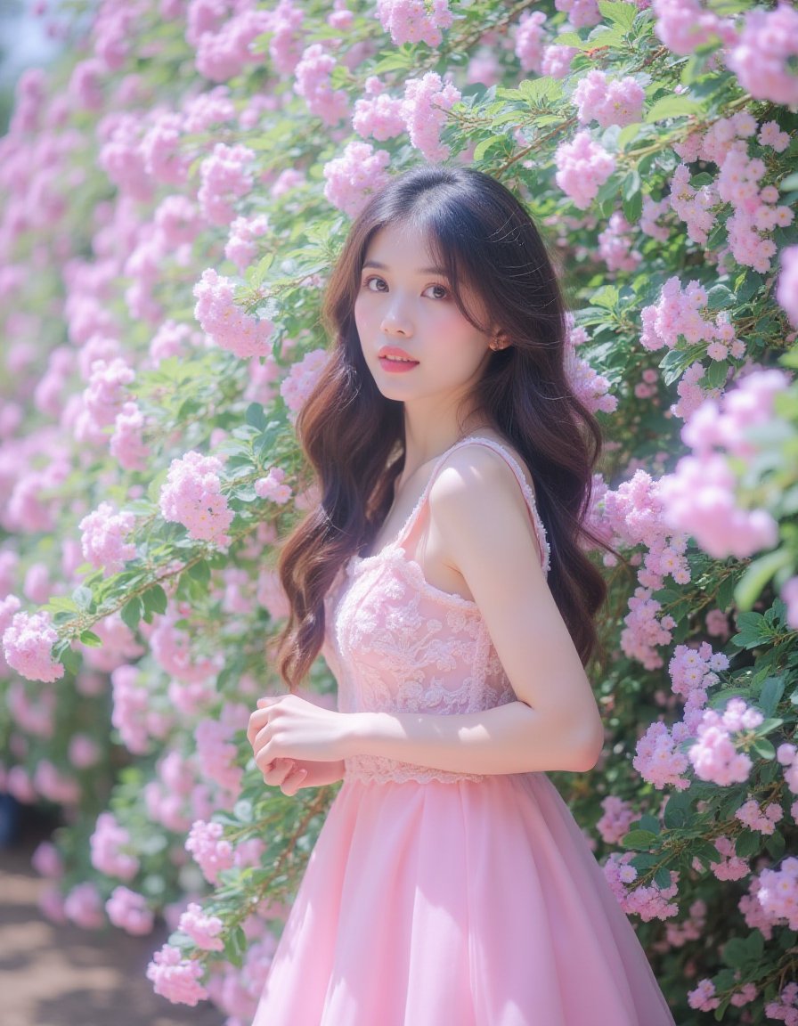huaji,  At eye level,  a woman wearing a pink dress stands in front of a tree full of pale pink flowers. Her hair is long...