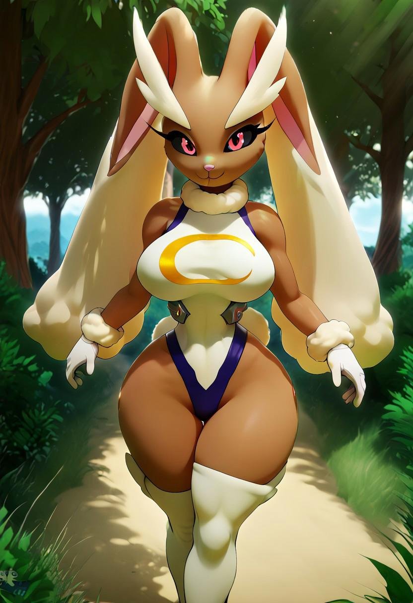 score_9, score_8_up, score_7_up, score_6_up, score_5_up, score_4_up, (Source furry), lopunny, 1girl, solo, outside,1girl, large breasts, red eyes, rabbit ears, rabbit tail, dark skin, parted bangs, rabbit girl, long eyelashes, thighhighs, white highleg leotard, white gloves, bare shoulders, sleeveless, fur collar, superhero, crescent print, toned, thicc female, thick thighslooking at viewer, walking, outside, trees, fall weather, wide hips, long sleeves, gloves, perfect anatomy, 3d, short stack, feral