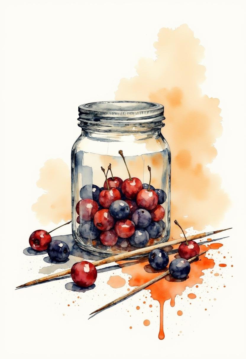 A watercolor painting of a glass jar with a metal lid,  filled with cherries and prunes. The background is white with spla...