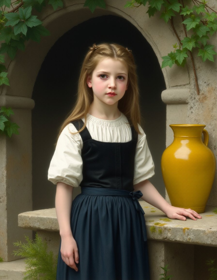 This is a photograph of a classical oil painting, depicting a young girl standing beside a stone bench in a rustic outdoor setting. The girl, who appears to be around 10 years old, has light brown hair that cascades down her shoulders. She wears a simple, traditional peasant outfit consisting of a white blouse with short, puffed sleeves and a black bodice that is tied at the waist. The blouse has a few visible wrinkles, indicating the fabric's texture and natural movement. She also wears a dark blue skirt that reaches her ankles, with a slight pleat at the waist.Her expression is serious and contemplative, with her head slightly tilted to the side and her hands resting on the stone bench behind her. The bench itself is weathered, with visible wear and patches of green moss growing on it. To the right of the girl, there is a large, yellow ceramic pitcher, which contrasts with the earthy tones of the surroundings. Behind her, a stone archway is partially visible, adorned with climbing vines and green foliage, suggesting a garden or courtyard setting. The background is softly lit, creating a serene and peaceful atmosphere. The painting captures the girl's innocence and the simplicity of her surroundings..Bouguereau style, <lora:Bouguereau_style:1>