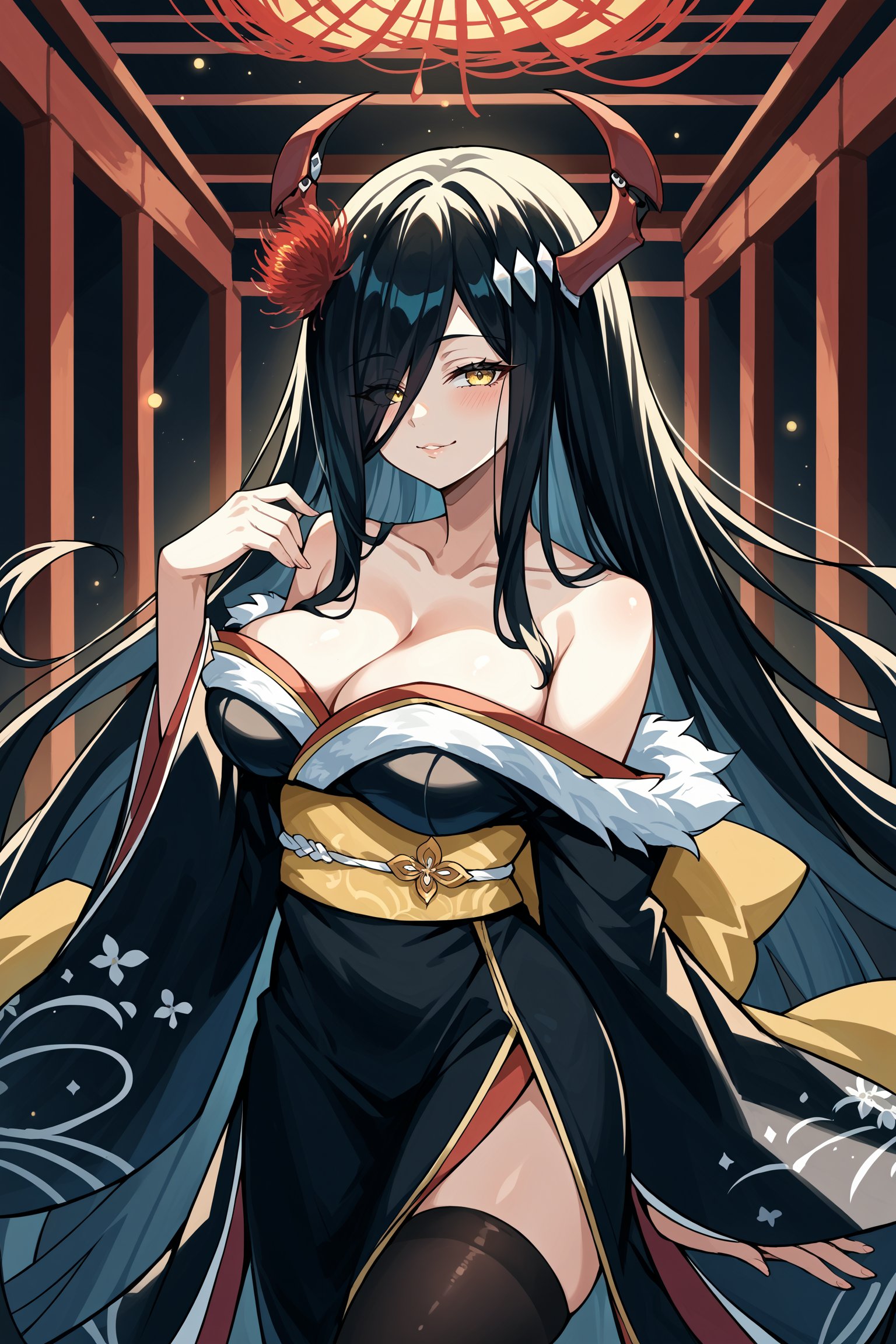 score_9, score_8_up, score_7_up, , rating_general ,1girl ,yellow eyes, hair over one eye, very long hair, black hair, red mechanical horns, spider lily, fur-trimmed black kimono, bare shoulders, wide sleeves, yellow sash, black thighhighs, tabi, black okobo,  indoors, source_anime, <lora:FriedrichDerGrossePDCAMEq4v1.1 AL:1>, cowboy shot, abstract, spotlight, naughty face,  