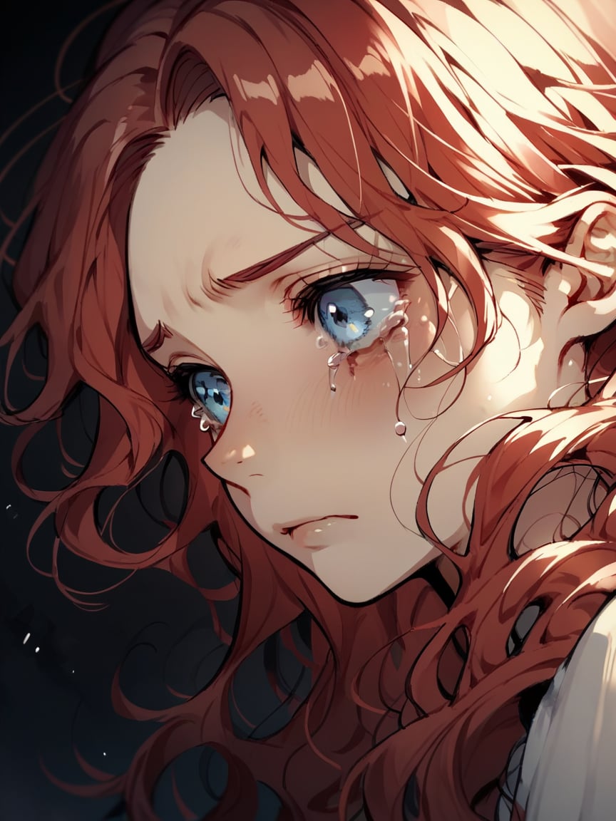 score_9, score_8_up, score_7_up, score_6_up, score_5_up,  <lora:NfXLP:1> nf, 1girl, blue eyes, long hair, gloomy, wavy hair, black background, red hair, tears, close-up