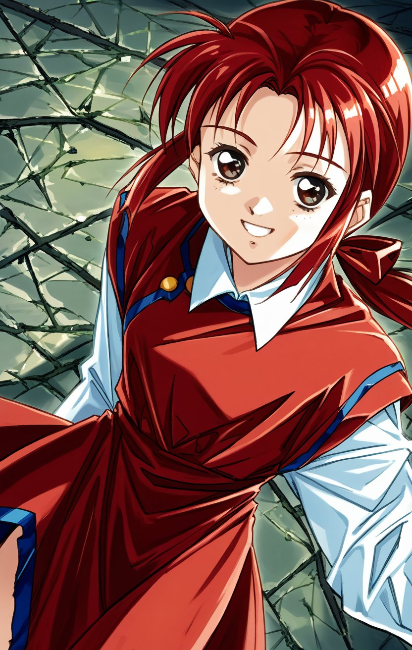 absurdres, close-up portrait, looking at viewer, dynamic pose, dynamic angle, 1girl, solo, MRHolly, smile, sidelocks, ponytail, red hair bow, red dress, long white sleeves, white collar, <lora:MRHolly_SDXL-000005:0.9>, <lora:DK4Style_SDXL:0.9> DK4Style