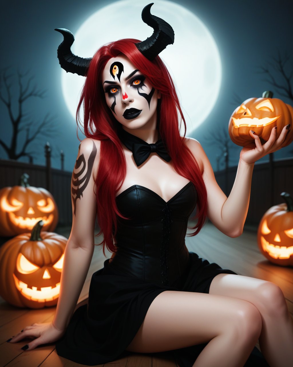 score_9_up, score_8_up, score_7_up, halloween makeup, 1girl, solo, skull, horns, red hair, lipstick, makeup, long hair, tattoo, black lips, facepaint, facial mark, image shows a young woman with long white hair, wearing a black corset and a black bowtie, sitting on a wooden floor with several carved pumpkins around her. She is holding a bat in her hand and appears to be posing for the photo. In the background, there is a large white ghost with orange eyes and a full moon in the sky. The overall mood of the image is spooky and Halloween-themed <lora:NeoNi_HMUP:0.7>