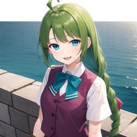 ((masterpiece)),(best quality),official art,extremely detailed CG,unity 8k wallpaper,ultra detailed,A lighthouse on a cliff by the sea,1girl,solo,upper body,(portrait:1.2),looking at viewer,very_long_hair,single_braid,green_hair,pleated_skirt,purple_skirt,short_sleeves,mole_under_mouth,vest,grey_thighhighs,school_uniform,white_shirt,aqua_bow,fingerless_gloves,aqua_bowtie,ahoge,cross-laced_footwear,lace-up_boots,blue_eyes,blouse,brown_gloves,smile,<lora:Yuugumo(kan)>,