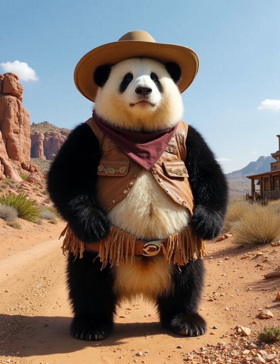 The image is a high-resolution photograph of a charming panda named Huahua, depicted standing in a rugged, dusty landscape reminiscent of the American Wild West. Huahua has her distinctive black and white fur, and she is dressed in classic cowboy attire, complete with a wide-brimmed hat, leather vest, bandana, and sturdy boots. The outfit is detailed with fringe and decorative stitching, giving Huahua an authentic Western look.Huahua's round, chubby body is covered in thick, soft fur, with black patches around her ears, eyes, and legs. Her expression is one of serious determination and readiness, with her brows slightly furrowed and her eyes focused on the horizon. She stands confidently, with her paws resting on her hips, ready to take on any challenge.The background features a vast desert landscape with rocky outcrops, cacti, and a distant mountain range under a bright blue sky. The sun is high, casting sharp shadows and creating a warm, golden glow that highlights the details of Huahua’s outfit and the rugged terrain. A wooden saloon and a hitching post with a horse can be seen in the distance, adding to the scene’s authentic Western atmosphere.The overall composition of the image focuses on Huahua, making her the primary subject and capturing the unique and whimsical nature of a panda as a tough, determined cowboy, blending her cute appearance with the dramatic and adventurous spirit of the Wild West.,huahua, <lora:huahua_panda_Flux_V1-000002:1>