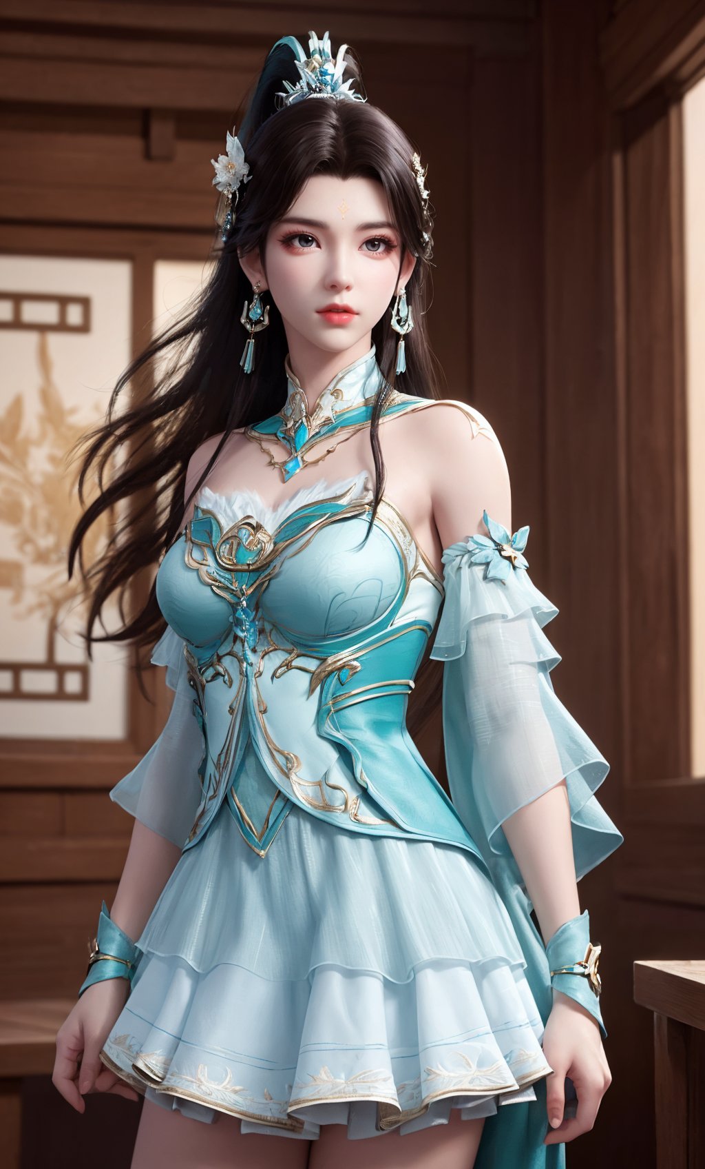 ,,masterpiece,(best quality),official art,extremely detailed cg 8k wallpaper,(extremely delicate and beautiful),solo,realistic,photo_\(medium\),cowboy shot,(chinese clothing, cyan skirt,cyan dress,earrings,jewelry, bare legs, detached sleeves,earrings,bare shoulders,solo,),adfxx0.75NOST4,1girl,solo,long hair,ponytail,hair bun,black hair,hair ornament,forehead mark,<lora:xuner_douzong-10:0.6>,adfxx