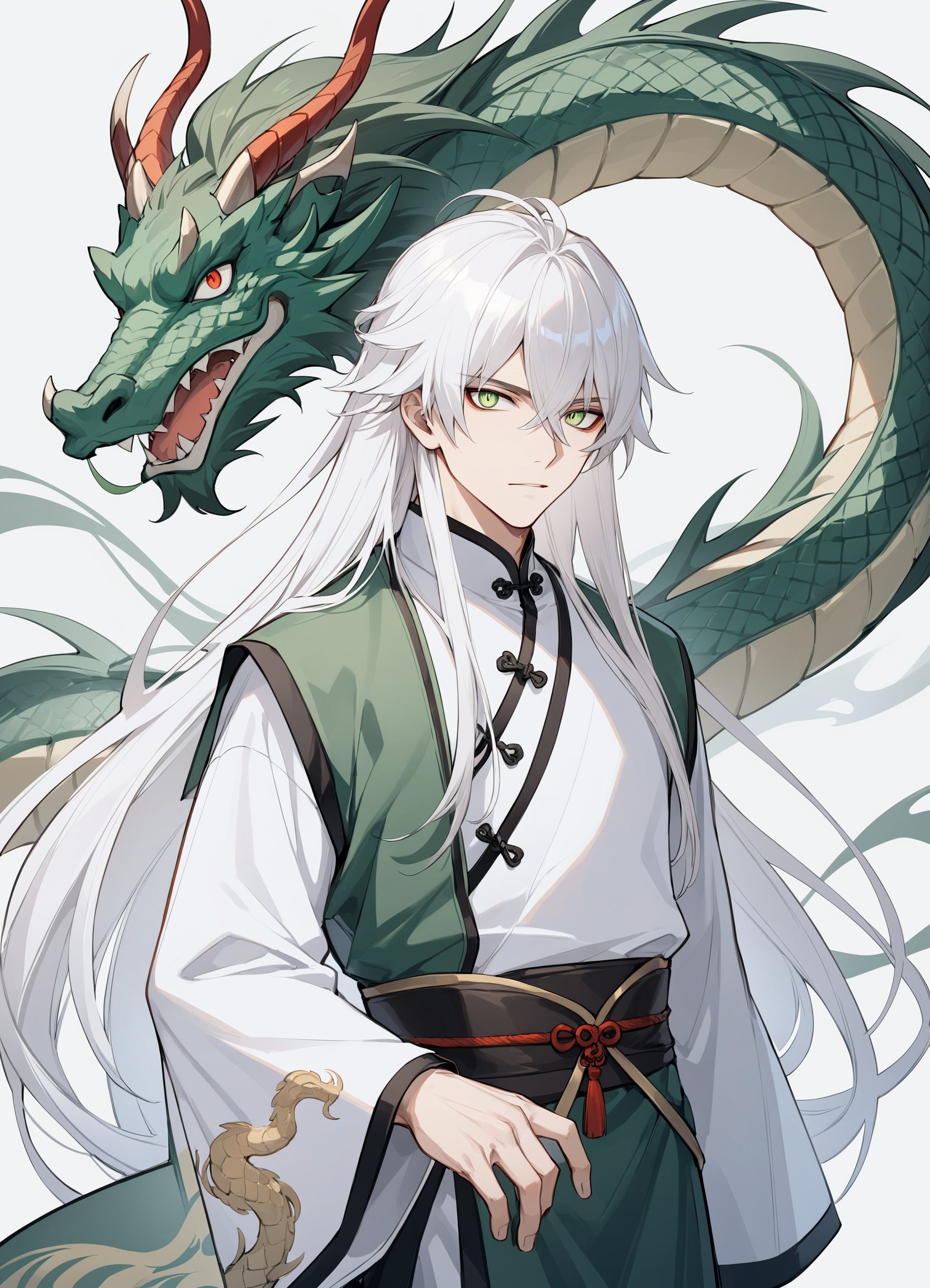 ,male focus,Sharp eyes, heroic and handsome,1man,handsome,antle,white hair,very long hair,Straight hair,white and green cloth,chinese clothes,white background,looking at viewer,big sleeves,chinese dragon,