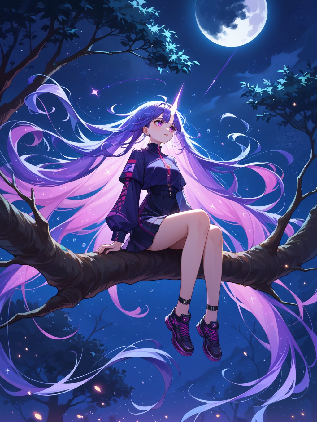 score_9, score_8_up, score_7_up, source_anime,surreal, 1girl,Kpop idol, very long hair, floating hair,glowing hair,  night scene,moon in the sky,purple hues,starry night,dreamlike atmosphere,glowing edges,mystical,high contrast,ethereal light,sitting on a tree branch,light particles, 