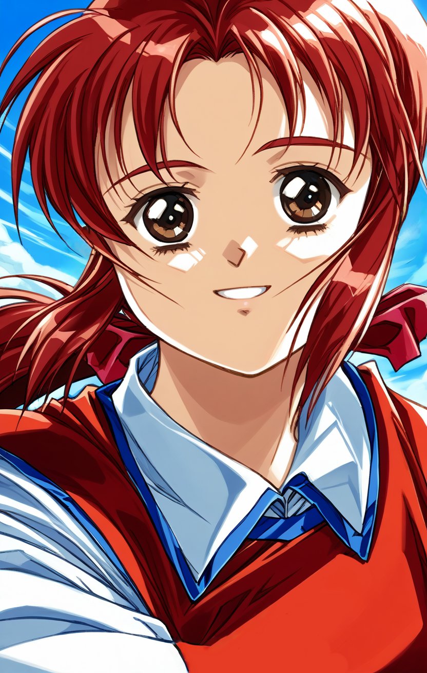 absurdres, close-up portrait, looking at viewer, dynamic pose, dynamic angle, blue sky, 1girl, solo, MRHolly, smile, sidelocks, ponytail, red hair bow, red dress, long white sleeves, white collar, <lora:MRHolly_SDXL-000005:0.9>, <lora:DK4Style_SDXL:0.9> DK4Style