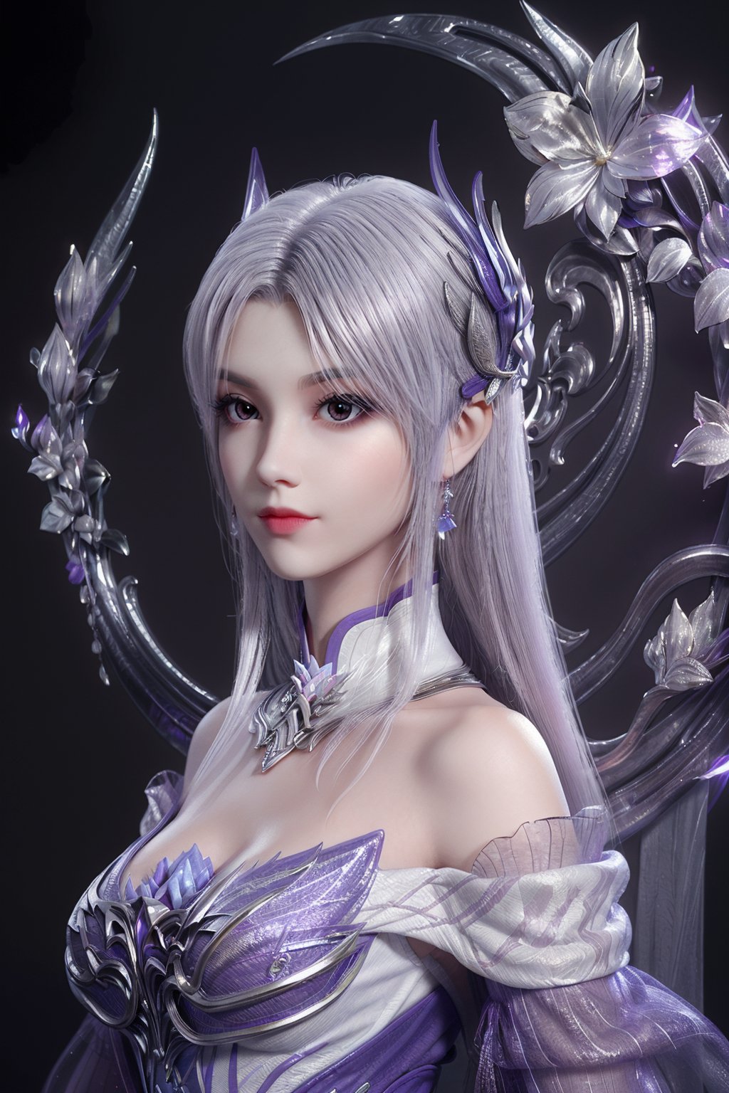 masterpiece,(best quality),light purple hair,official art,extremely detailed cg 8k wallpaper,(extremely delicate and beautiful),large breasts,solo,realistic,photo_\(medium\),portrait,(chinese clothing,,solo,  see-through,wide sleeves, long sleeves,light purple gown,earrings,jewelry, detached sleeves,earrings,bare shoulders,solo,),adfxx0.75NOST4,1girl,long hair,hair ornament,flower garland,white hair,jewelry,<lora:yixian_douzun_2.0:0.7>,adfxx,