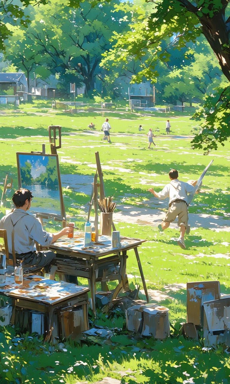 Depicts a painter painting in a park with his palette and brushes on the table beside him while another painter runs aroun...