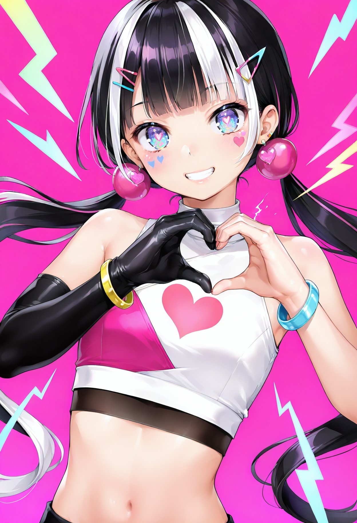 1girl, heart, solo, smile, hair ornament, white hair, gloves, heart hands, twintails, long hair, black gloves, black hair, jewelry, multicolored hair, looking at viewer, crop top, blue eyes, grin, upper body, shirt, elbow gloves, earrings, white shirt, pink background, sleeveless, bracelet, sleeveless shirt, facial mark, bare shoulders, single glove, teeth, low twintails, symbol-shaped pupils, blunt bangs, multicolored eyes, lightning bolt symbol, streaked hair, heart hair ornament, electricity, midriff, two-tone hair, hairclip