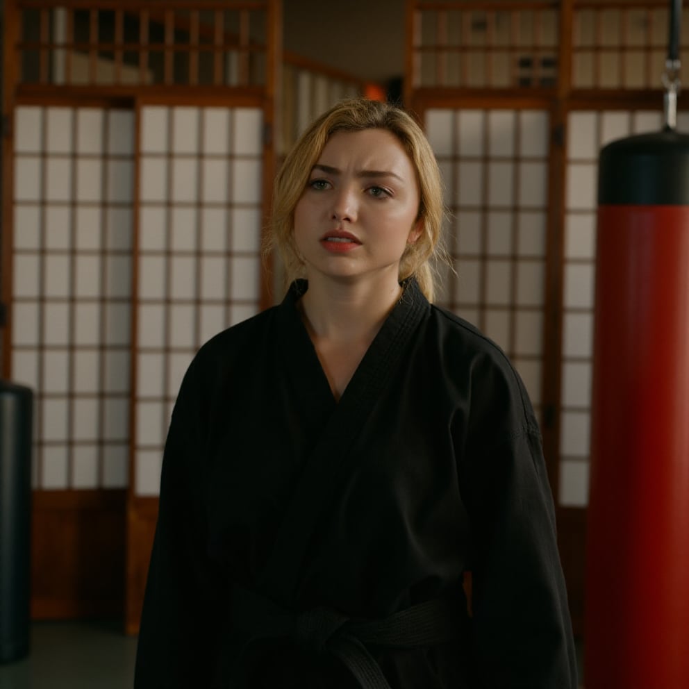 This is a photograph of a young woman standing in a martial arts studio. She is of Caucasian descent with fair skin and light blonde hair styled in a loose ponytail. Her expression is serious and focused, with slightly parted lips and direct gaze. She is wearing a traditional black martial arts gi, a loose-fitting, long-sleeved jacket tied with a black belt at the waist. The gi appears to be made of a soft, lightweight fabric, suitable for training.The background features a combination of modern and traditional elements. There is a red cylindrical punching bag to the right side of the frame, and a black heavy bag partially visible in the lower left corner. Behind the woman, there is a wooden shoji screen with white paper panels and dark wooden frames, which adds a sense of tranquility and tradition to the setting. The lighting in the studio is warm, with a soft, ambient glow coming from a source on the left side of the image, casting gentle shadows that enhance the texture of the gi and the woman's features. The overall atmosphere suggests a moment of intense concentration or preparation for training.,Peyton List,  <lora:Peyton_List_Flux_V1:1>