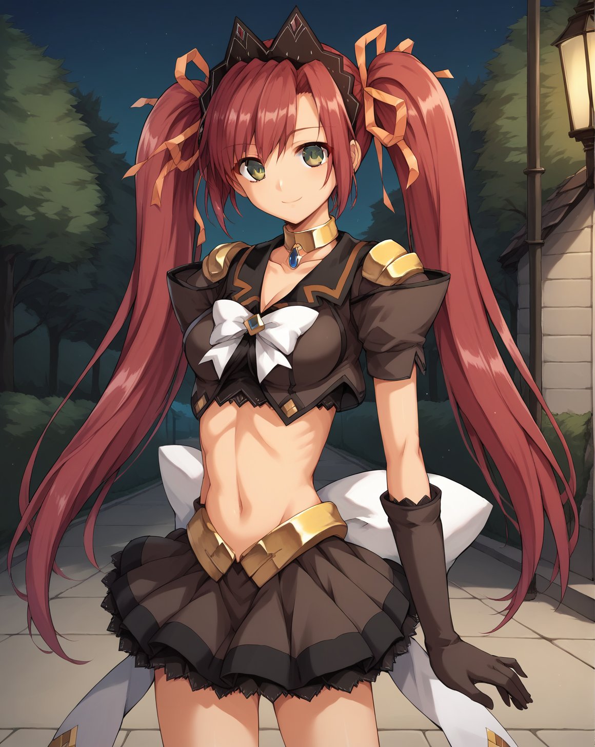 sweet passion,<lora:sweet_passion_v1.15-000009:0.9>,green eyes,twintails,long hair,hair ribbon,red hair,headdress,medium breasts,<lora:skin tone slider_last:2>,crop top,skirt,choker,gloves,1girl,solo,cowboy shot,night,outdoors,park,light smile,BREAK, score_9,score_8_up,score_7_up,source_anime,best quality,masterpiece,uncensored,detailed eyes,zPDXL,