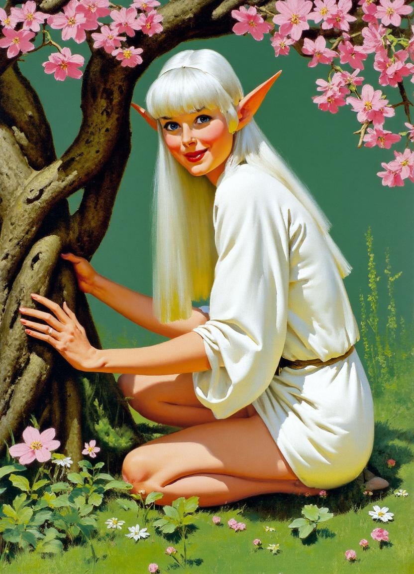 A realistic,  high-resolution image by Gil Elvgren. The central figure is a white haired elf woman with long,  pointy ears...