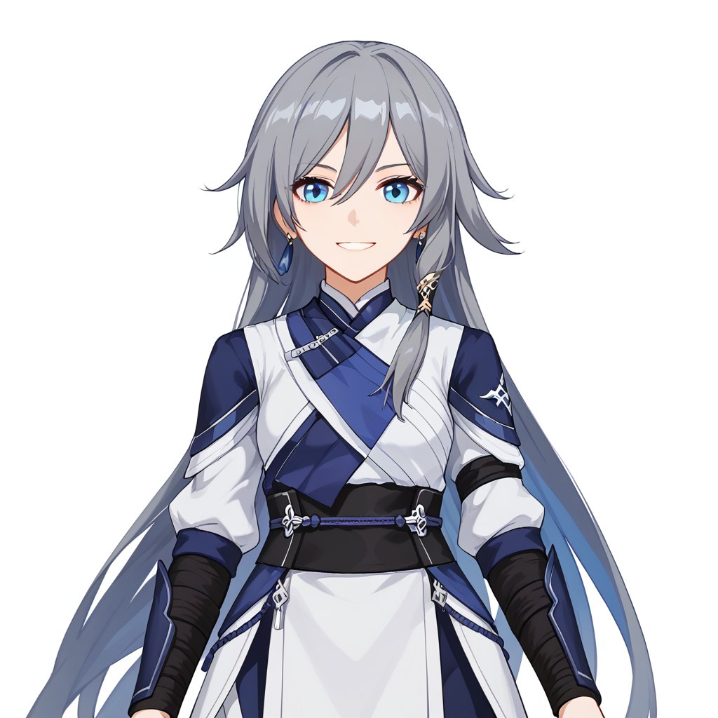 (white background:1.2),looking at viewer,(SOLO:1.4),outline,simple background,upper body, cowboy shot,looking at viewer,(((arms at side))),  fu hua, fu hua cgver, long hair, bangs, blue eyes, hair between eyes, hair ornament, grey hair, blue hair, smile, earrings<lora:taixu-cg-ver:0.8>