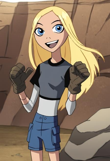 <lora:TerraTTPony1.0:1> terra, 1girl, blonde hair, solo, long hair, blue eyes, gloves, grey t-shirt, long sleeves, blue shorts, smile, looking at viewer, cowboy shot,:b,open mouth,  score_9, score_8_up, score_7_up, score_6_up, score_5_up, score_4_up outdoors, rock