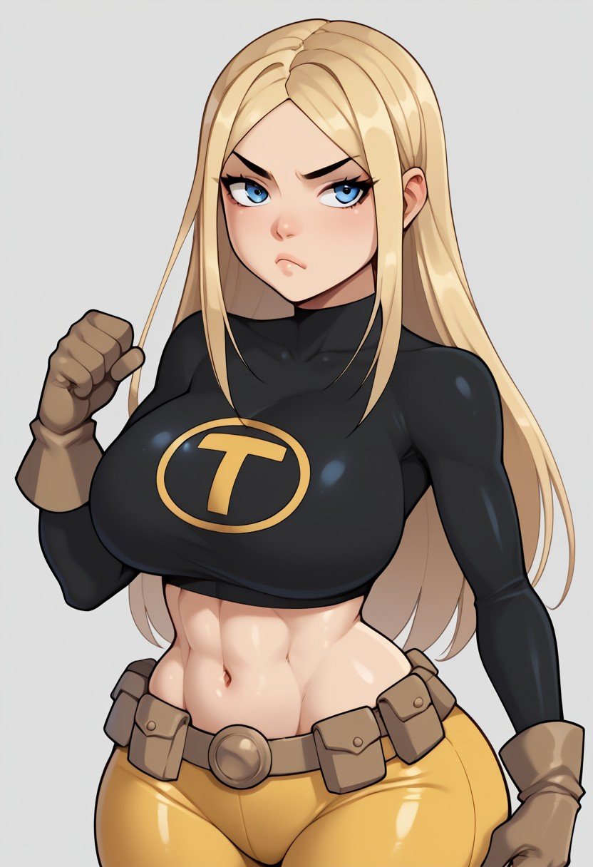 score_9, score_8_up, score_7_up, deep skin, shiny skin, skindentation, source_anime, high quality, highres, (curvy), ((((wide hips)))),, thick thighs, cute, , sexy, huge breasts, TerraTT, 1girl, blonde hair, long hair, blue eyes, forehead, parted bangs, black shirt, long sleeves, turtleneck, midriff, navel, yellow shorts, biker shorts, brown belt, brown gloves, skintight shirt, solo, Pout