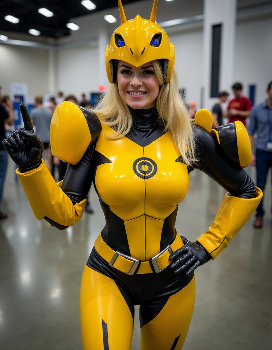 <lora:AmateurQuironStyle_FLUX:1.3> ateurQuironstyle, Flash and Amateur Photography   a  woman, , cosplay   Bumblebee (Karen Beecher-Duncan) - DC Comics, 