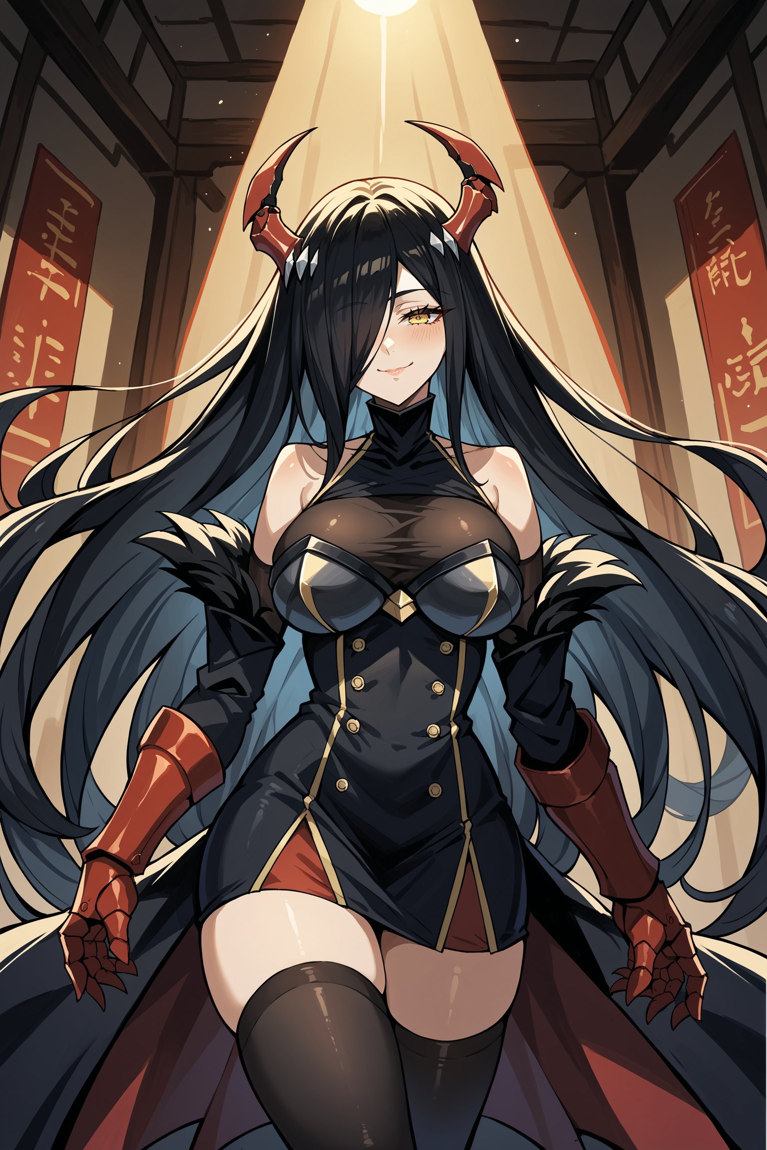 score_9, score_8_up, score_7_up, , rating_general ,1girl ,yellow eyes, hair over one eye, very long hair, black hair, red mechanical horns, detached collar, bodystocking, black microdress, double-breasted, fur-trimmed black sleeves, red mechanical gauntlets, floating overcoat, black thighhighs, armored black boots,  indoors, source_anime, <lora:FriedrichDerGrossePDCAMEq4v1.1 AL:1>, cowboy shot, abstract, spotlight, naughty face,  