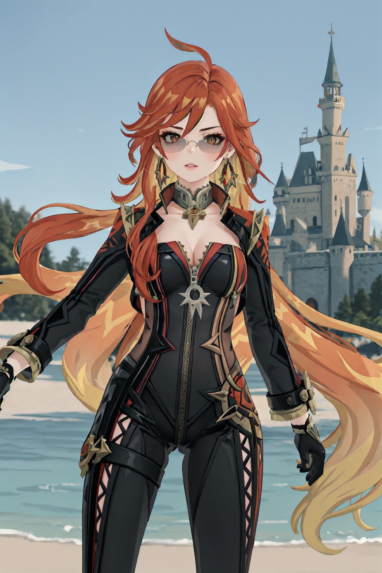 1girl, mavuika \(genshin impact\), earrings, sunglasses, black bikesuit, black gloves, shrug \(clothing\), metal collar, depth of field, cowboy shot, hand in own hair, looking at viewer, parted lips, floating hair, outdoors, castle