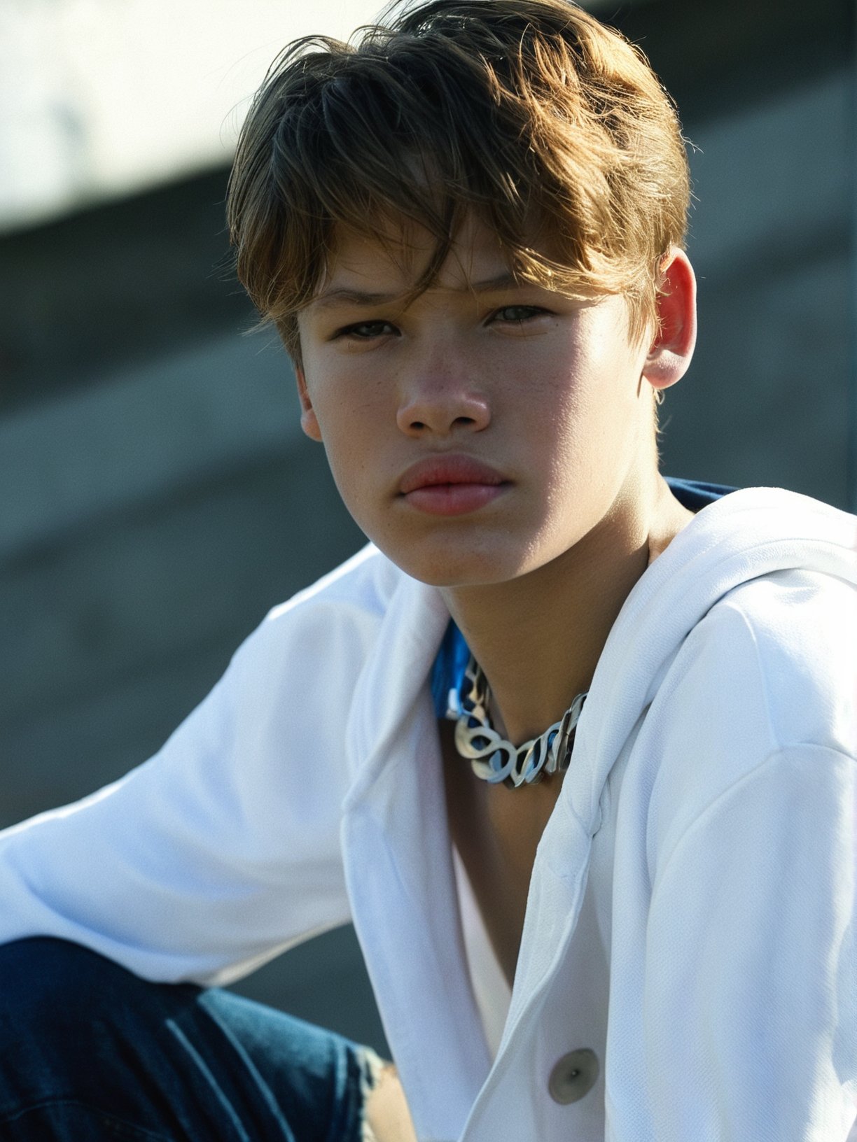 score_9, score_8_up, score_7_up, solo, photo, <lora:NG(n4tang0ldmann)SDXL:1> (n4tang0ldmann), 1boy, young boy, model, full thick lips, solo, jewelry, male focus, blonde hair, 1boy, freckles, necklace, looking at viewer, hood, upper body, blurry, realistic, blurry background, lips, blue eyes, shirt, day, realistic, hyper detailed photorealistic life-like accurate proportional 8k sharp focus, empty hands, accurate cinematic lighting, photorealistic detail, uncensored, full body shot  <lora:add-detail-xl:0.6>  