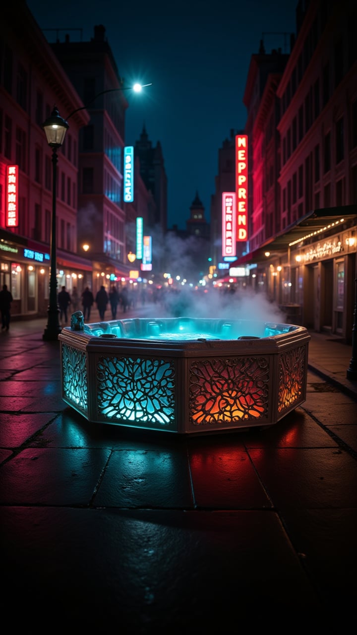 Cinematic still, The hot tub, a magnificent work of art, sits in the middle of a bustling city street. Its intricate design is illuminated by the warm glow of streetlamps and neon signs. aidmasoftglow