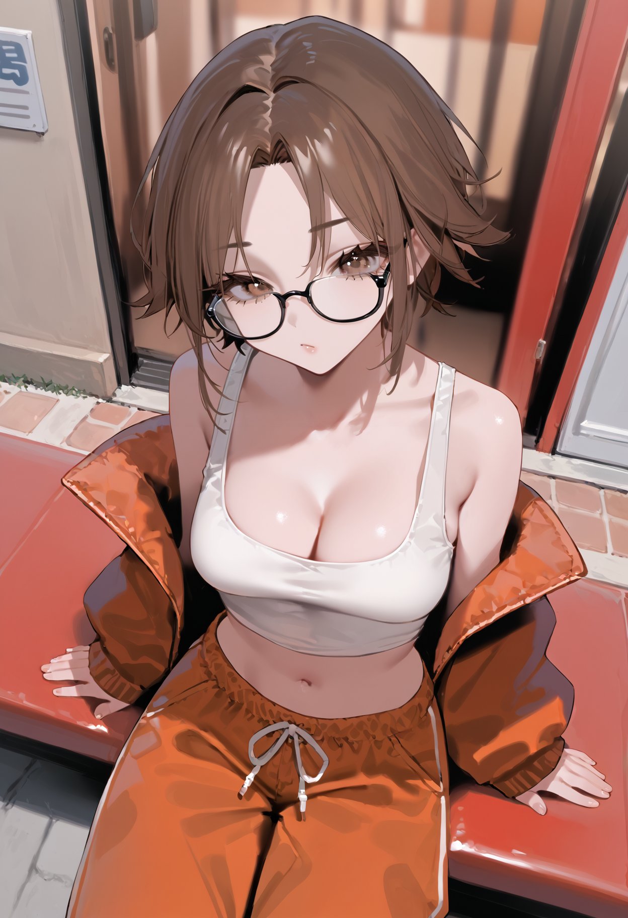 score_9, score_8_up, score_7_up, best quality, source_anime BREAK, BEBEstyle,  1girl, brown hair, parted bangs, medium hair, brown eyes, tomboy, baggy clothes, tank top, jacket, baggy pants, glasses, cleavage, medium breasts, navel, street, sitting, from above, <lora:BeBe:1>, 