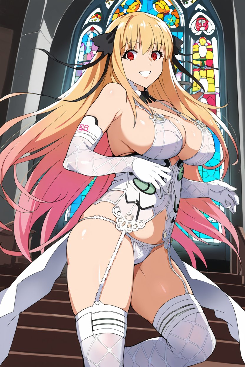 score_9, score_8_up, score_7_up, source_anime BREAK 1girl, solo, shatte_pilot_2, 1girl, solo, lingerie, bare shoulders, white gloves, elbow gloves, white thighhighs, white panties (large breasts:1.1), blonde hair, gradient hair, pink hair, long hair, black hair ribbon, red eyes, looking at you, smile, dynamic pose, standing , raise one leg, church, indoors <lora:srw_shatte:0.9>