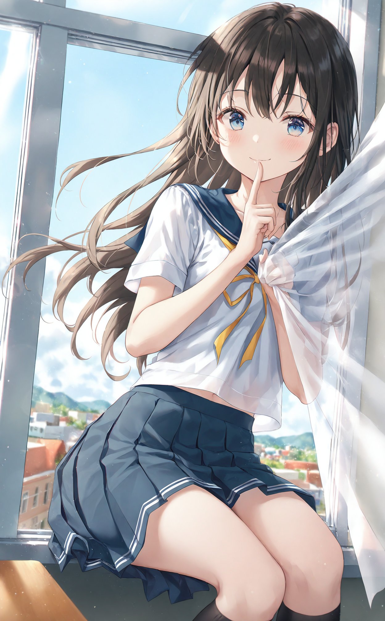 masterpiece,best quality,high quality,(colorful),loli,1girl,curtain grab,skirt,solo,school uniform,window,long hair,curtains,pleated skirt,looking at viewer,smile,serafuku,blue eyes,short sleeves,sailor collar,sitting,shirt,white shirt,socks,midriff peek,indoors,closed mouth,kneehighs,black socks,blue skirt,finger to mouth,black hair,blush,ribbon,open window,index finger raised,day,blue sailor collar,neck ribbon,classroom,thighs,yellow ribbon,sky,feet out of frame,brown hair,blue sky,shushing,floating hair,miniskirt,light particles,cover image,