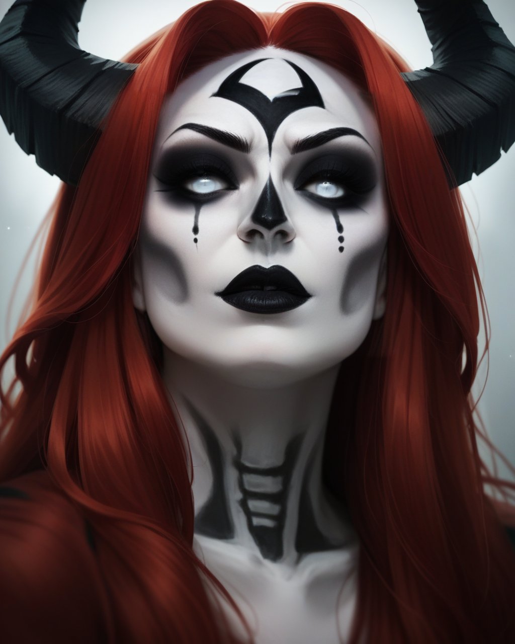 score_9_up, score_8_up, score_7_up, halloween makeup, 1girl, horns, solo, black lips, skull, red hair, long hair, lipstick, facial mark, makeup, facepaint, white eyes, blue eyes, <lora:NeoNi_HMUP:0.8>