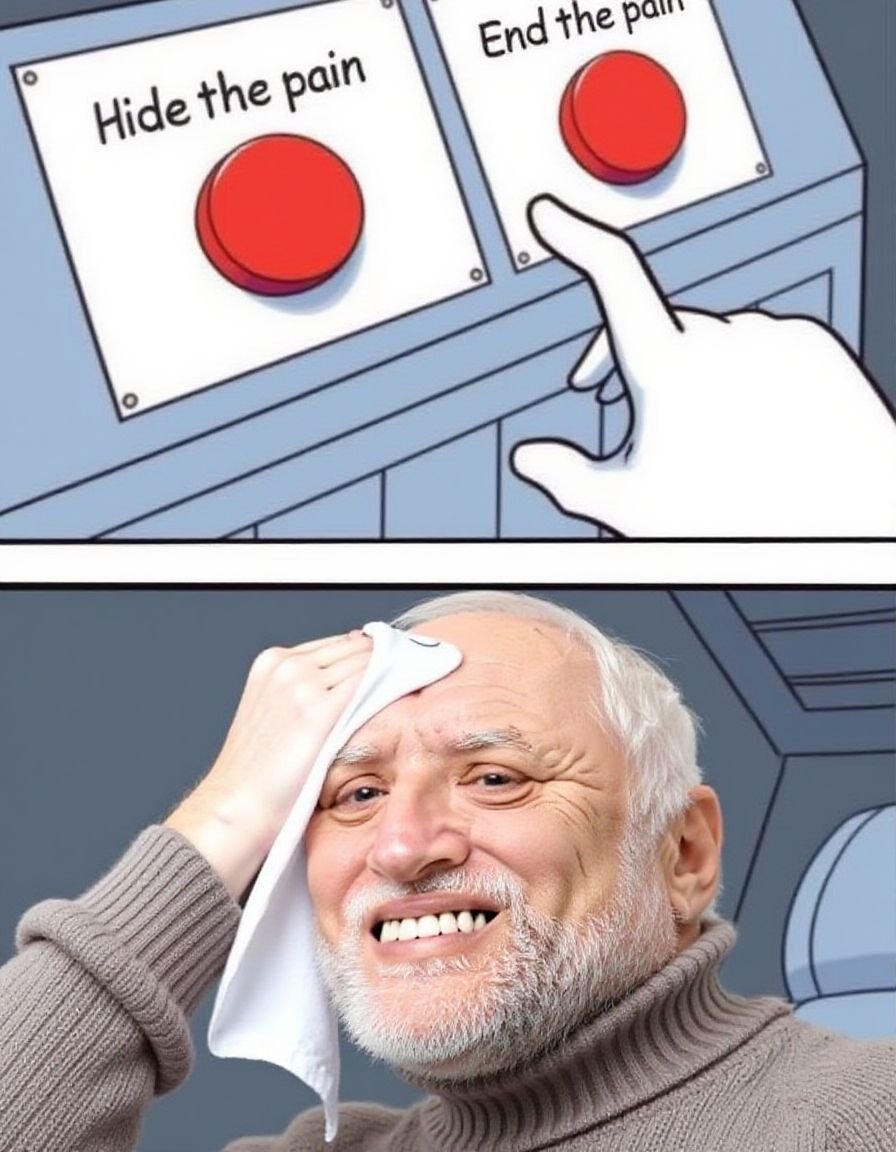 In twobuttonsmeme style.Top panel: Two buttons,  label above the red button,  label above the red button. htph's hand is v...