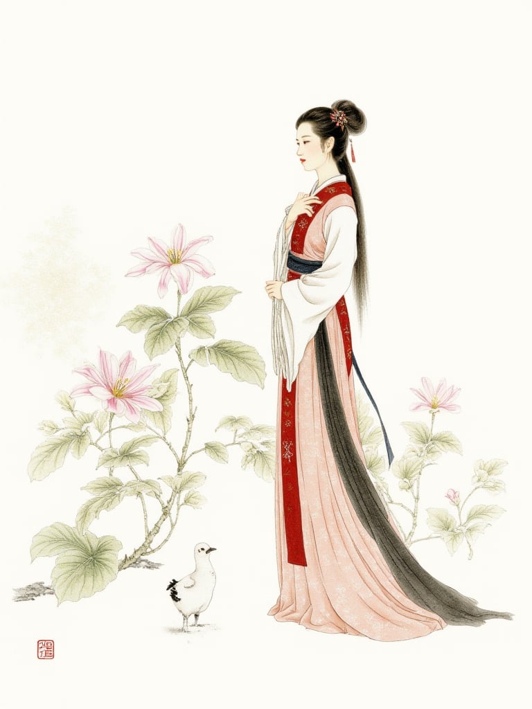 shinv,1girl, bird, chinese clothes, long sleeves, solo, hair ornament, hanfu, flower, fine art parody, standing, from side, jewelry, long hair,<lora:flux_国画_仕女图:1>