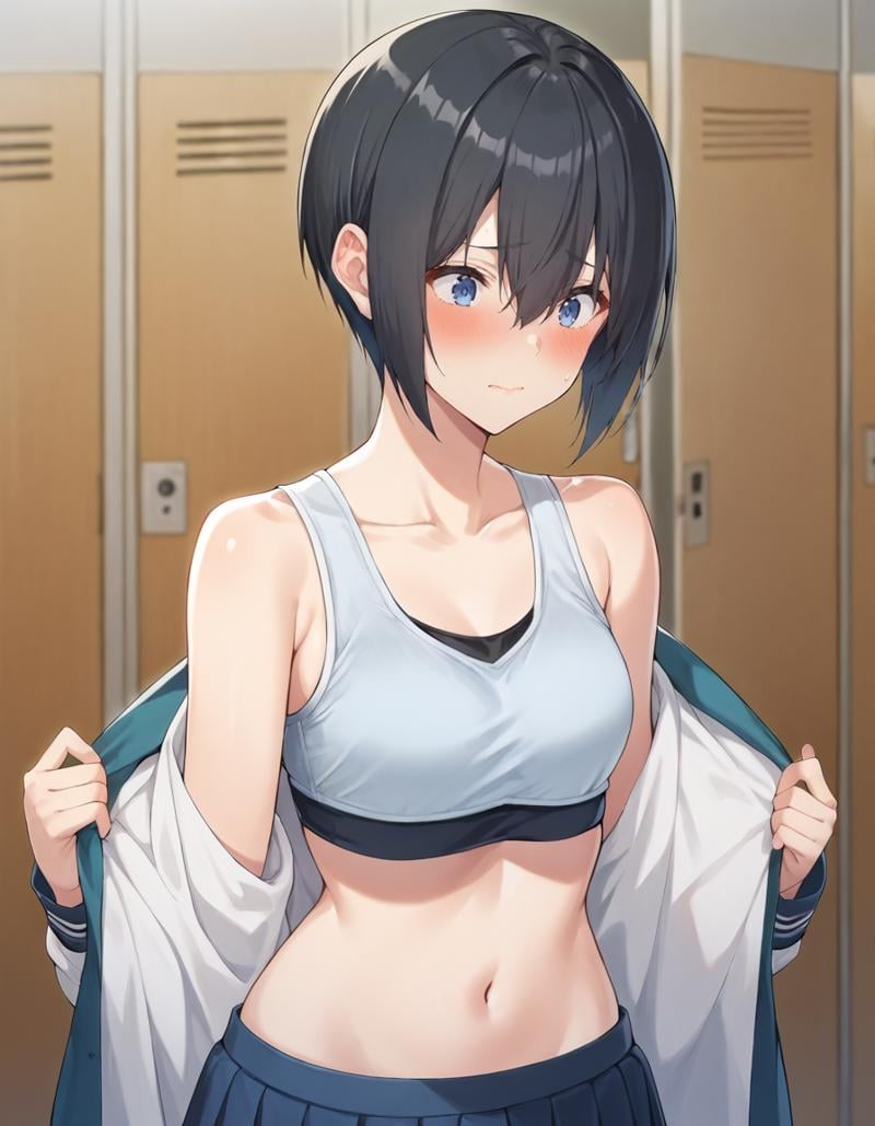 score_9, score_8_up, score_7_up, source_anime, BREAK1girl, solo, blurry background, changing room, sports bra, undressing, open clothes, indoors, locker, embarrassed, noa, short hair, black hair, hair between eyes, dark blue eyes,school uniform, serafuku, white shirt, long sleeves, small breasts, bare shoulders,<lora:noa_anime_v2-soralz:1>