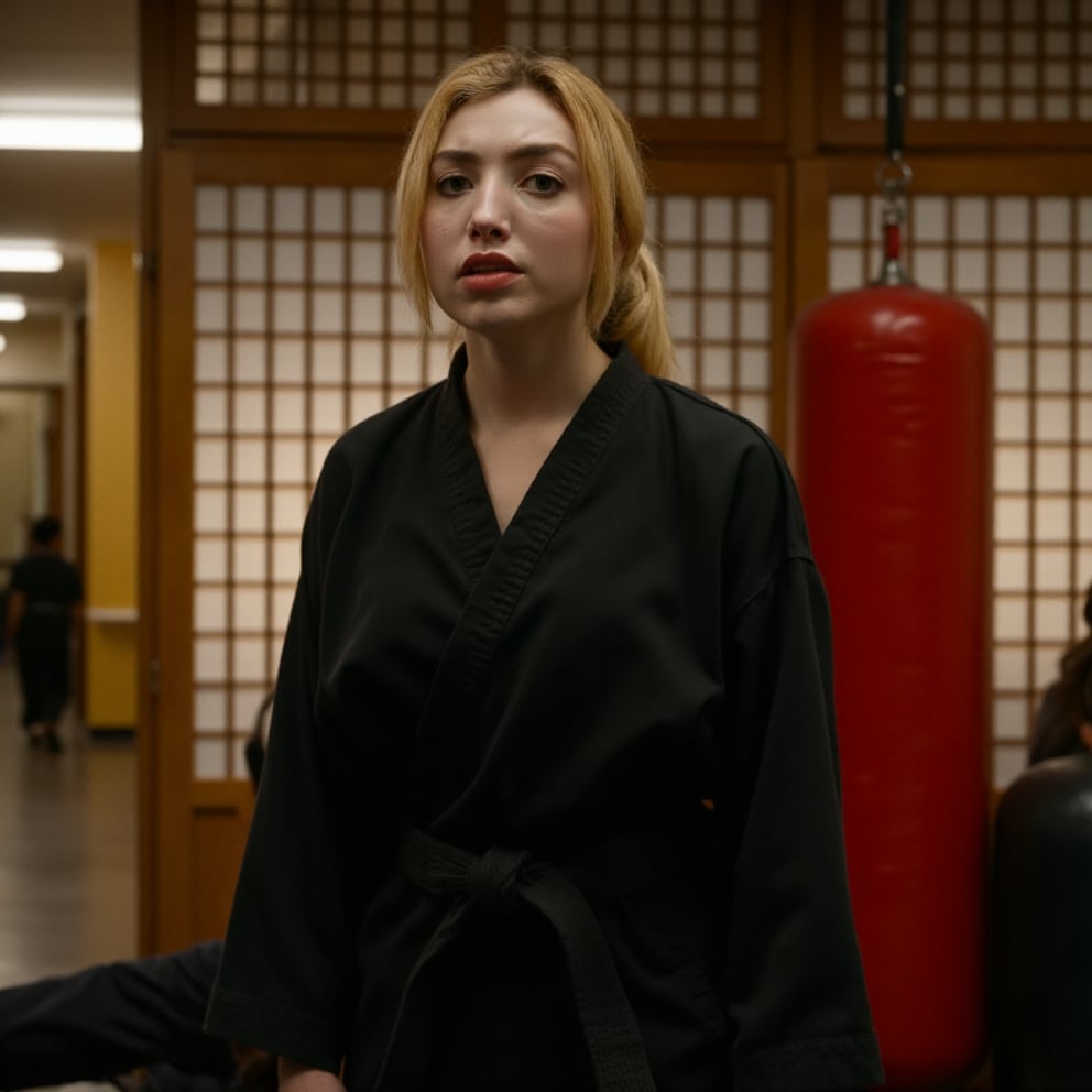 This is a photograph of a young woman standing in a martial arts studio. She is of Caucasian descent with fair skin and light blonde hair styled in a loose ponytail. Her expression is serious and focused, with slightly parted lips and direct gaze. She is wearing a traditional black martial arts gi, a loose-fitting, long-sleeved jacket tied with a black belt at the waist. The gi appears to be made of a soft, lightweight fabric, suitable for training.The background features a combination of modern and traditional elements. There is a red cylindrical punching bag to the right side of the frame, and a black heavy bag partially visible in the lower left corner. Behind the woman, there is a wooden shoji screen with white paper panels and dark wooden frames, which adds a sense of tranquility and tradition to the setting. The lighting in the studio is warm, with a soft, ambient glow coming from a source on the left side of the image, casting gentle shadows that enhance the texture of the gi and the woman's features. The overall atmosphere suggests a moment of intense concentration or preparation for training.,Peyton List,  <lora:Peyton_List_Flux_V1-000005:1>