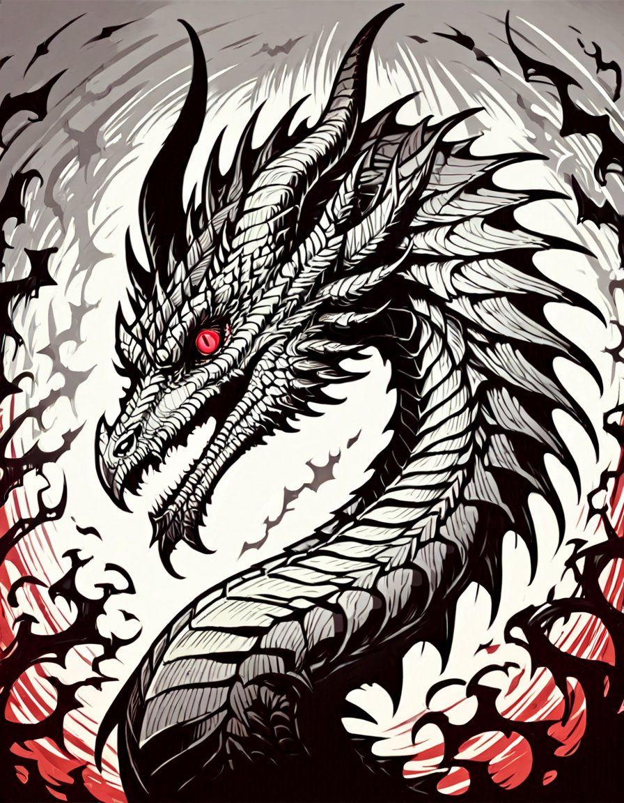 score_9, score_8_up, score_7_up,  <lora:Clean Sketch (J) style:1> monochrome, solo, dragon, horns, scales, red eyes, red glow, portrait, creepy, from side,