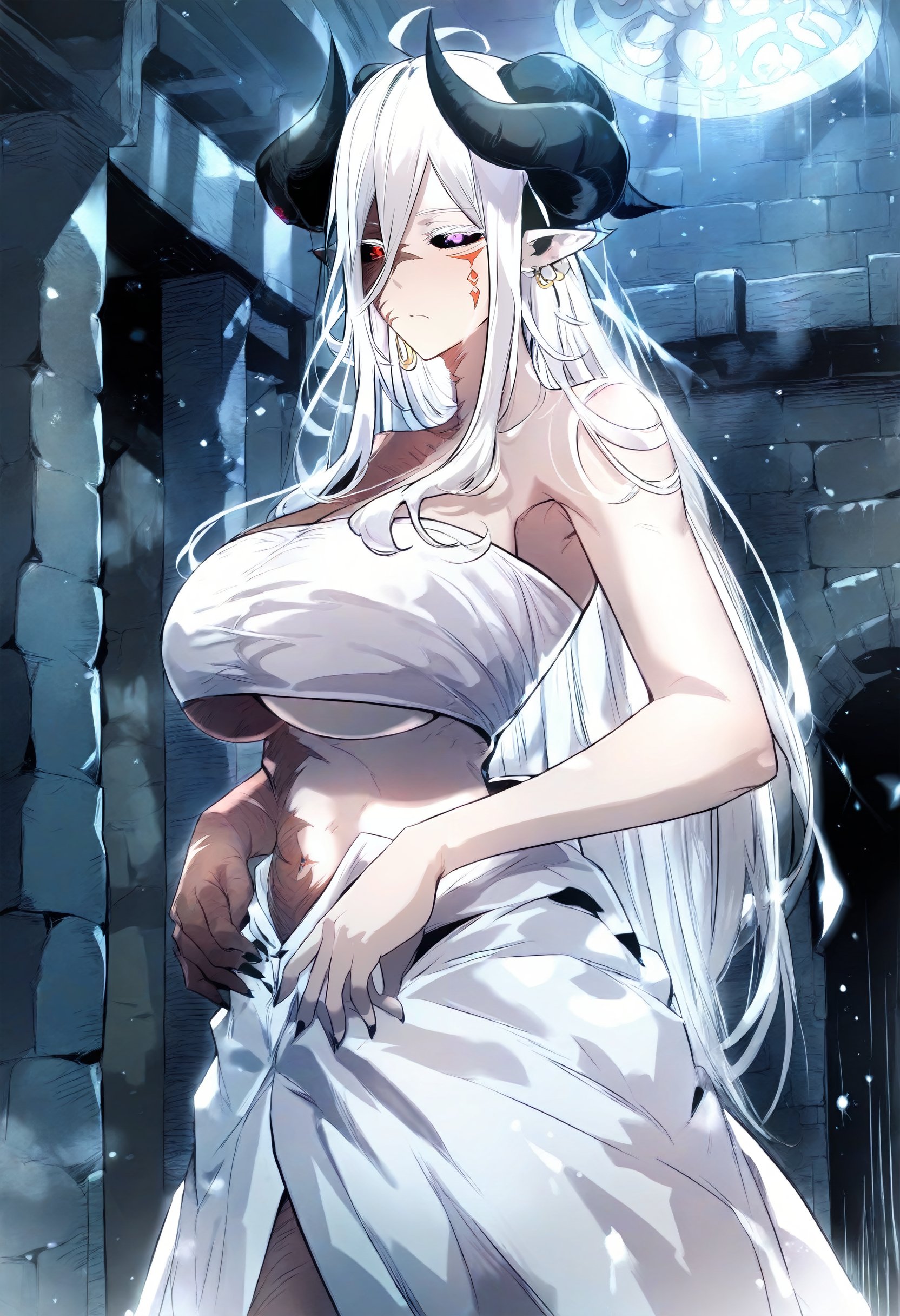 score_9, score_8_up, score_7_up, score_6_up, source_anime, rating_explicit, 1girl, (solo:1.1), huge breasts, <lora:Hel prefectPonyxl:1> white hair, long hair, pointy ears, black sclera, colored sclera, heterochromia, demon horns, colored skin, black horns, scar, red eyes, fingernails, black nails, facial mark, purple eyes, white skin, colored eyelashes, earrings, sarashi, underboob, strapless, expressionless, dungeon, indoors, dark, night, looking at viewer, standing