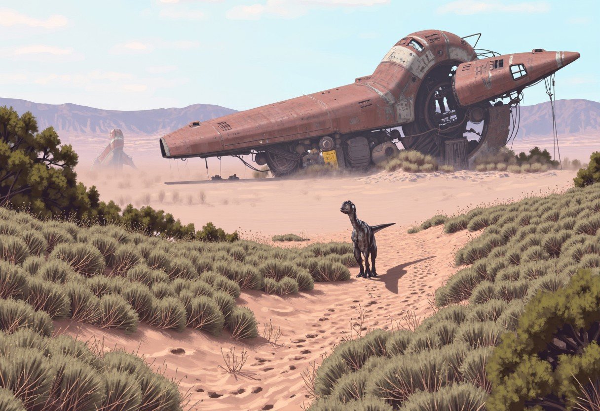 stalenhag,  a dinosaur in the bushes,  sand dunes by loraonlyguy on Tensor.Art