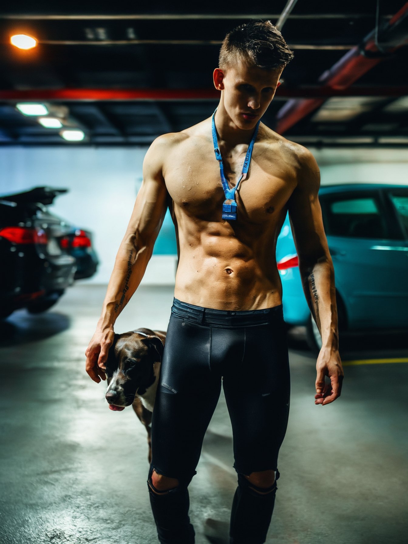 score_9, score_8_up, score_7_up, solo, photo, \(medium\) <lora:(Je0rg)SDXL:1> (Je0rg), twink, skinny fit body, male focus, 1boy, topless male, ground vehicles, inside a dark moody parking garage, moody lighting, steam and fog, ray tracing, black pants, pants, cars, muscular, solo, motor vehicle, abs, navel, realistic, shoes, standing, nipples, bandages, dog tags, blurry background, spooky atmosphere, broken lighting, HDR, (erection:0.9), erection_under_clothes, vascularity, small waist, RAW photo, detailed photo, gorgeous, shallow depth of field, bokeh, volumetric lighting, (surreal:0.4), hyper detailed photorealistic life-like accurate proportional 8k sharp focus, (accurate cinematic lighting), photorealistic detail, (selective focus:0.6) <lora:add-detail-xl:0.7>