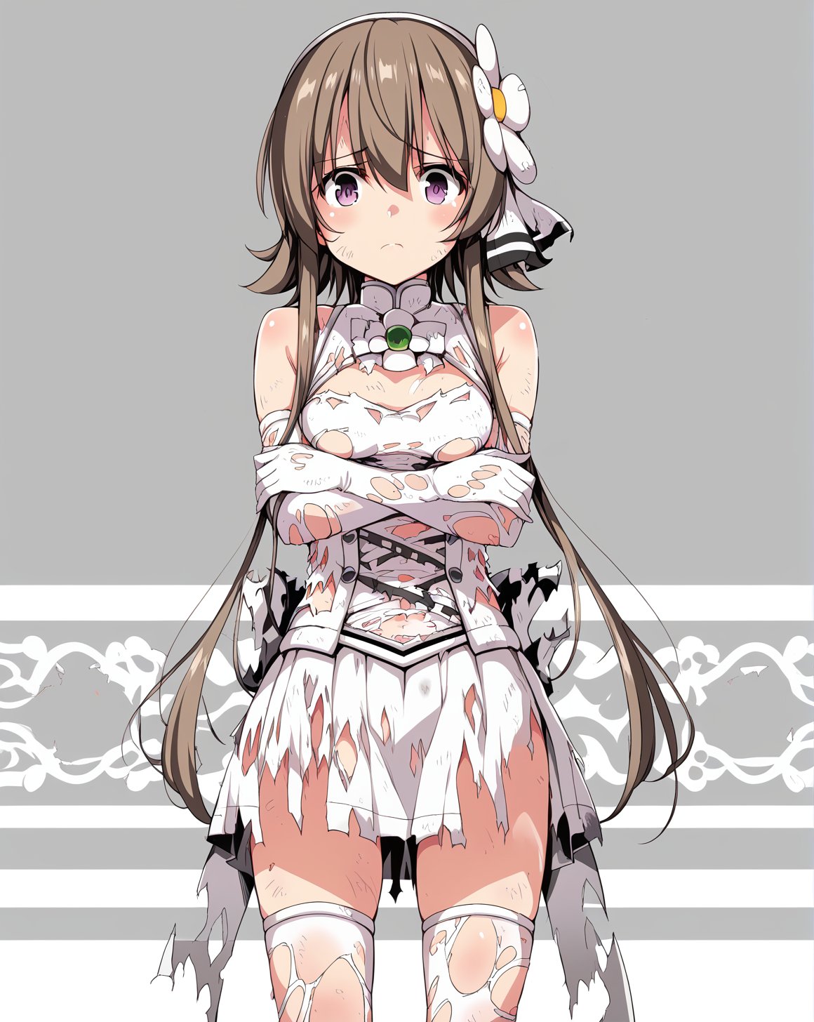 <lora:clover_rose_v1.6>,cloverrose,purple eyes,short hair with long locks,brown hair,white dress,white elbow gloves,white thighhighs,white hair ornament,white gloves,torn clothes,BREAKstanding,crossed arms,blush,staring,worried,grey theme,detailed background,, score_9,score_8_up,score_7_up,source_anime,best quality,masterpiece,uncensored,detailed eyes,