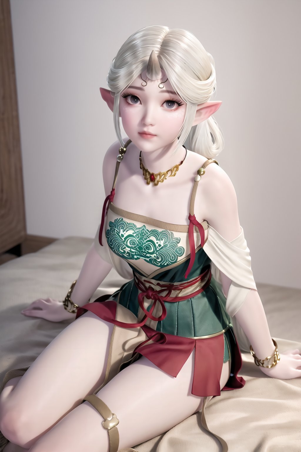 (8k, RAW photo, best quality, masterpiece:1.2),(realistic, photorealistic:1.3), ultra-detailed, extremely detailed cg 8k wallpaper,(crystalstexture skin:1.2), extremely delicate and beautiful, pointy_ears, 1girl, elf, solo, thigh_strap, jewelry, necklace, bare_shoulders, simple_background,(full shot), (breasts, medium breasts,  cleavage), looking_at_viewer, sitting, full body, 