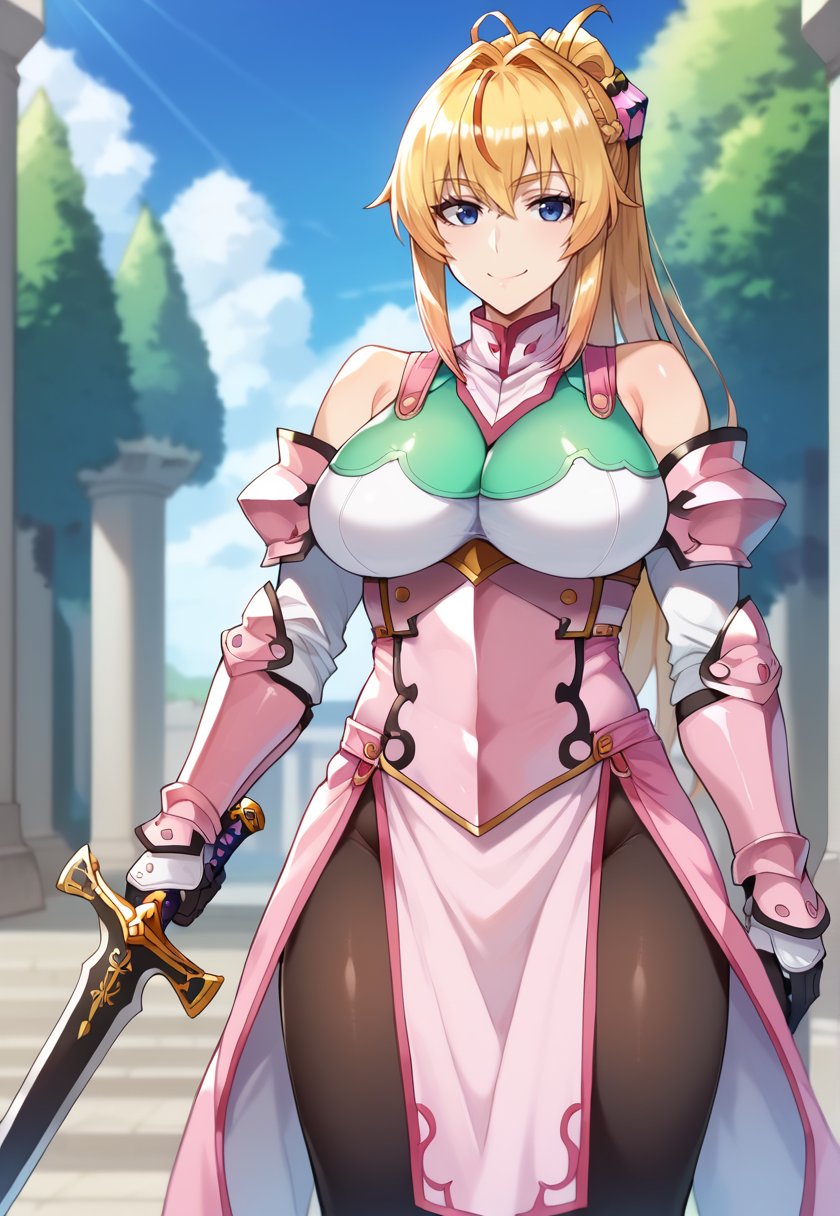 <lora:ButaAnrietta-10:1>ButaAnrietta, blonde hair, long hair, ponytail, hair ornament, blue eyes, large breasts, cleavage, bare shoulders, cleavage cutout, black pantyhose, gloves, knight, white thighhighs, armor,  detached sleeves, pelvic curtain, looking at viewer, happy, outdoors, surrounded, holding sword,, 16k, masterpiece, absurdes, highly detailed, highres, high quality, best quality, score_9, score_8_up, score_7_up, score_6_up, shiny, shiny skin, shiny hair