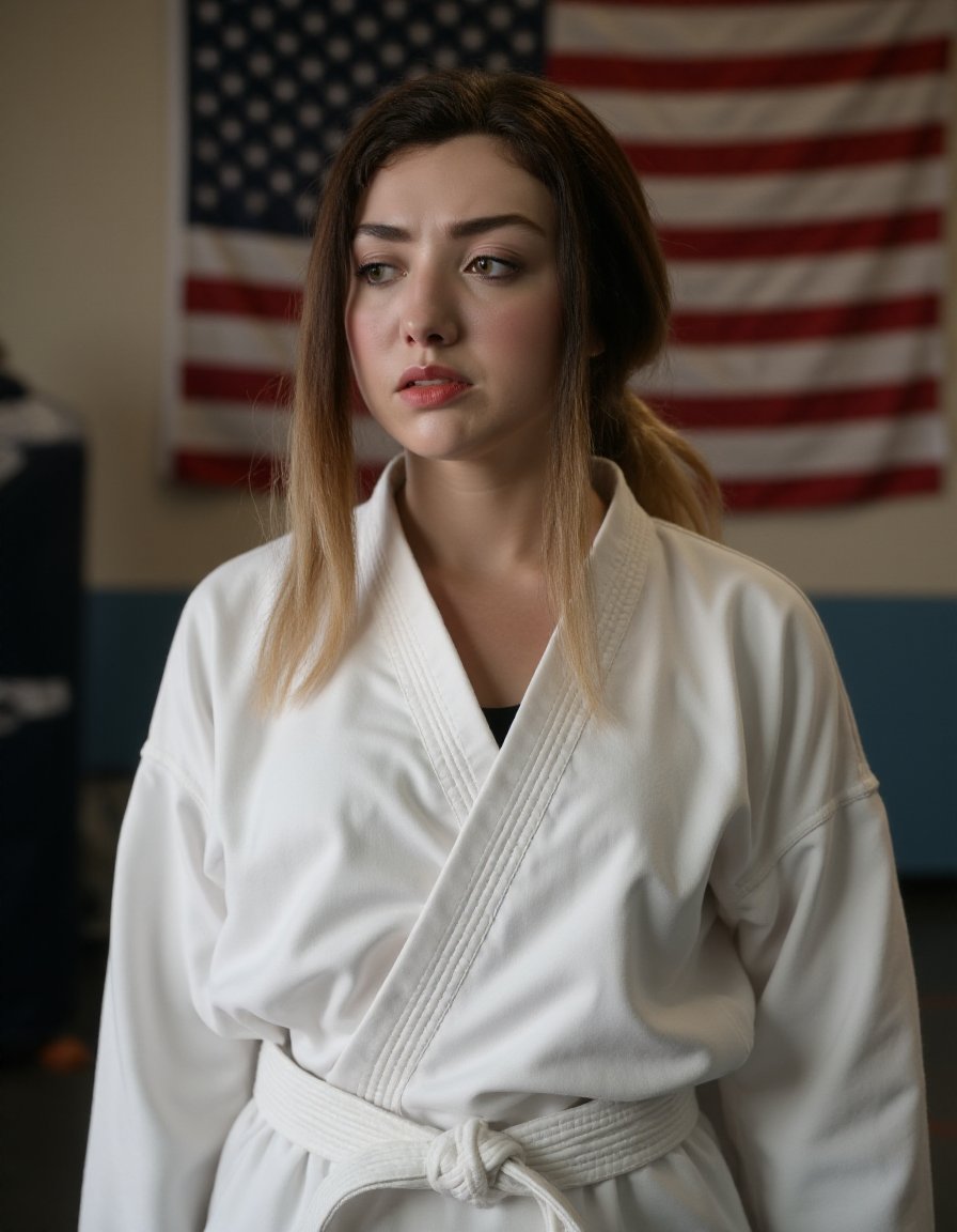 The image is a photograph of a young woman standing indoors, likely in a gymnasium or training facility. She has fair skin, dark brown eyes, and long, wavy hair that is partially pulled back into a low ponytail, with loose strands framing her face. Her expression is neutral, with slightly parted lips and a calm demeanor. She is wearing a traditional white karate gi, which has a V-neck and is made of a soft, cotton-like fabric. The gi is the only clothing visible in the image.In the background, there is an American flag prominently displayed on the wall, with its red, white, and blue stripes and white stars. The flag is centered and slightly off-center to the right. The background also includes a blurred glimpse of what appears to be a training dummy or equipment, possibly used for martial arts practice.The lighting is soft and even, casting a subtle glow on her face and gi, highlighting the texture of the fabric. The overall color palette is muted, with the white of her gi contrasting against the neutral tones of the background and the vibrant red, white, and blue of the American flag. The setting suggests a focused and disciplined atmosphere.,Peyton List,  <lora:Peyton_List_Flux_V1-000005:1>