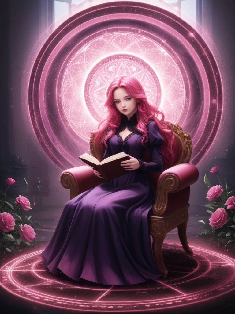 Solo, 2.5d, highly detailed, intricate, beautiful aesthetic, anime artwork,vibrant, extreme contrast, raytracing, dark colors, edgy, gothic,magic circle,starfire, reddish pink hair, long hair, purple long dress with golden details, rocking chair, reading a book, flower garden, falling flowers,expressive,