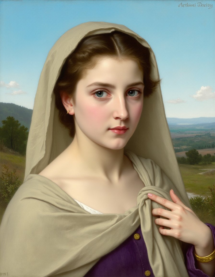 This is a photograph of a classical oil painting, likely created in the late 19th or early 20th century, showcasing a young woman. The woman has fair skin, light brown hair, and blue eyes. She is depicted wearing a cream-colored veil that partially covers her head and shoulders, with the left side draped over her left shoulder. The veil is made of a soft, flowing material that appears to be slightly translucent, revealing her delicate features and a hint of her attire beneath. She is also wearing a purple garment with a gold button, which is visible at the shoulder. Her right hand holds the edge of the veil, while her left hand rests on her chest, adorned with a gold bracelet. The background features a clear blue sky with a few wispy clouds, and a distant landscape with rolling hills and greenery, suggesting an outdoor setting. The style of the painting is realistic, with detailed textures and a focus on the subject's facial expressions and the soft, natural lighting that highlights her features. The overall mood of the painting is serene and contemplative, capturing a moment of quiet reflection..Bouguereau style, <lora:Bouguereau_style:1>