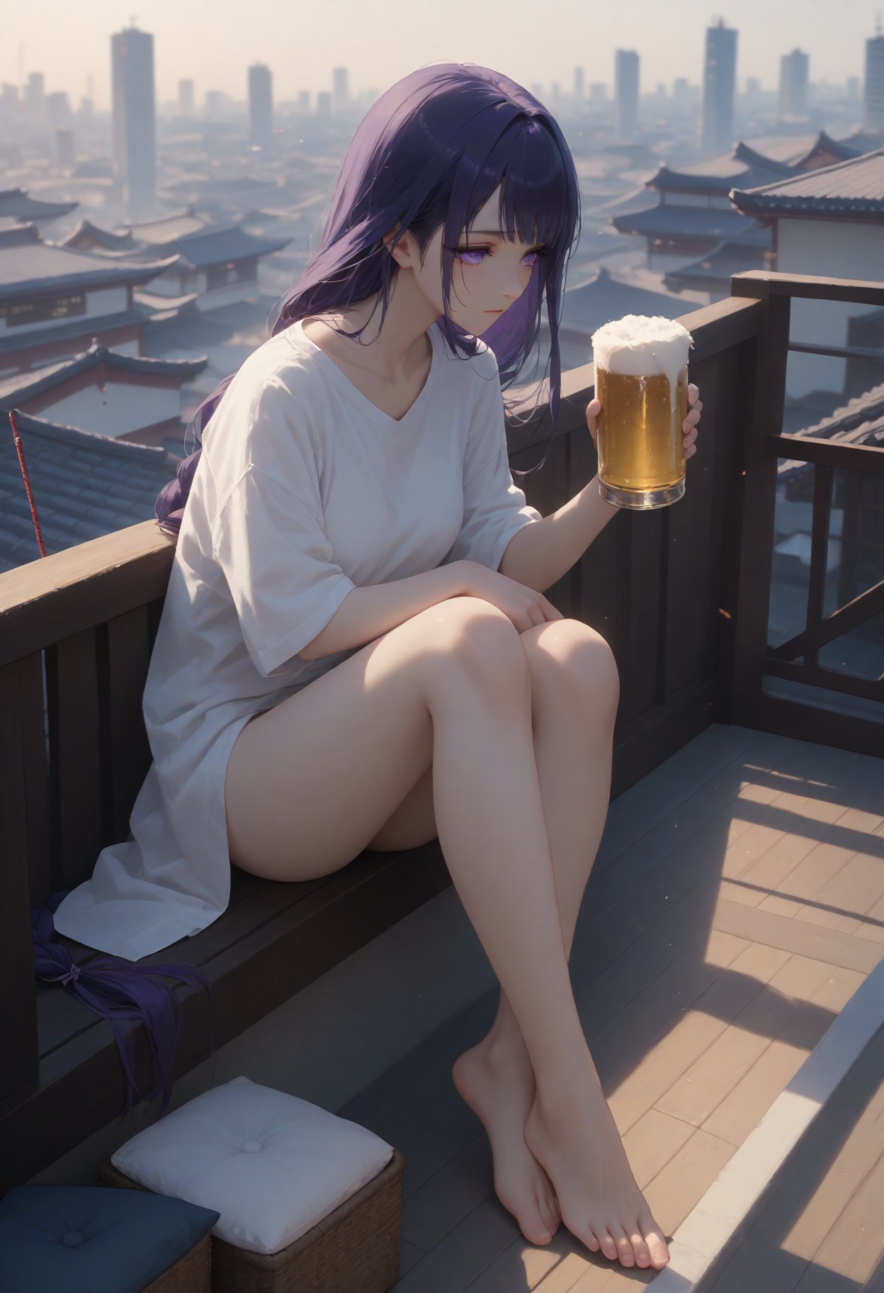 score_9,score_8_up,score_7_up,raiden shogun,1girl,solo,On the rooftop,the girl sat on the balcony looking out at the city,with a beer in her hand,her feet folded in a loose white shirt,